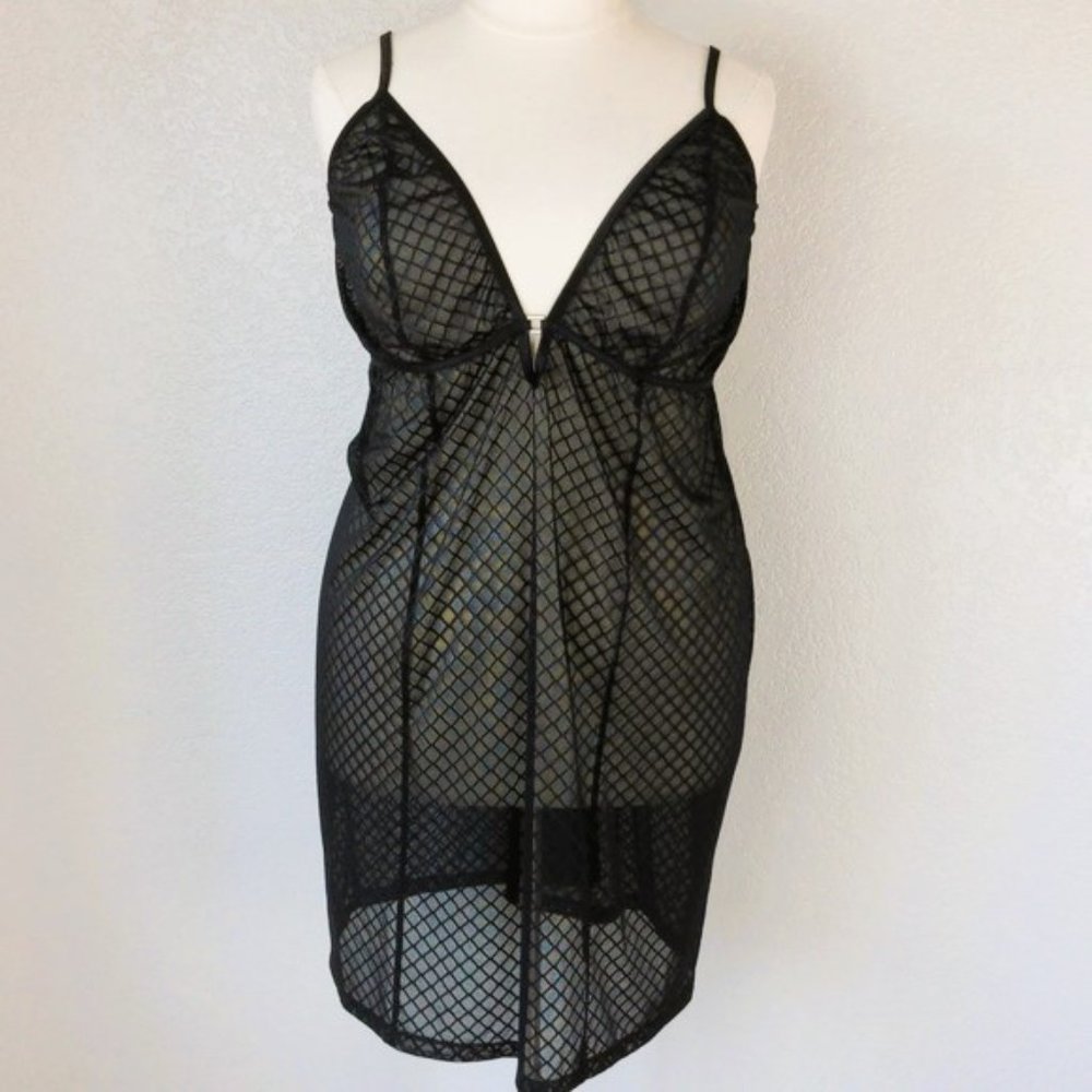 Avenue 26/28/4X Black Chemise Deep V-Neck Rhinestone Accent Shear Slip Dress